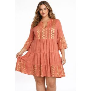 Tiered Mini Tunic Bell Sleeve Linen Greek/Aztec Design Coral/Gold Boho 2X Dress